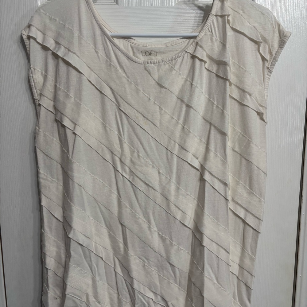 LOFT Cream Diagonal Ruffle Cap-Sleeve Top